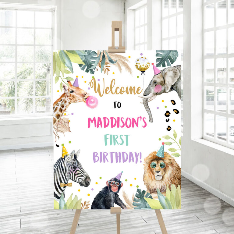 3 Editable Party Animals Welcome Sign Party Animal Sign Zoo Safari Welcome Jungle Sign Birthday Animals Girl Template PRINTABLE Corjl 0417 1
