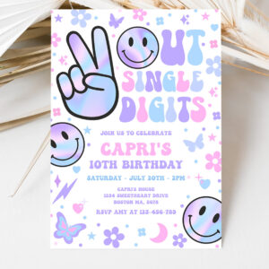 3 Editable Peace Out Single Digits Birthday Invitation Holographic Groovy 10th Birthday Hippie Double Digits Party