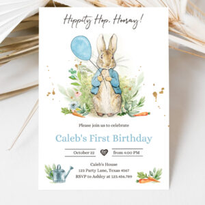 3 Editable Peter Rabbit Birthday Invitation Boy Blue Rustic Peter Rabbit 1st Birthday Invite Watercolor