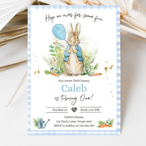 3 Editable Peter Rabbit Birthday Invitation Boy Blue Rustic Peter Rabbit First Birthday Hop On Over Watercolor