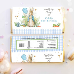 3 Editable Peter Rabbit Chocolate Bar Labels Candy Bar Wrapper Bunny Rabbit Birthday Boy Blue Rustic Download Corjl Template Printable 0351 1
