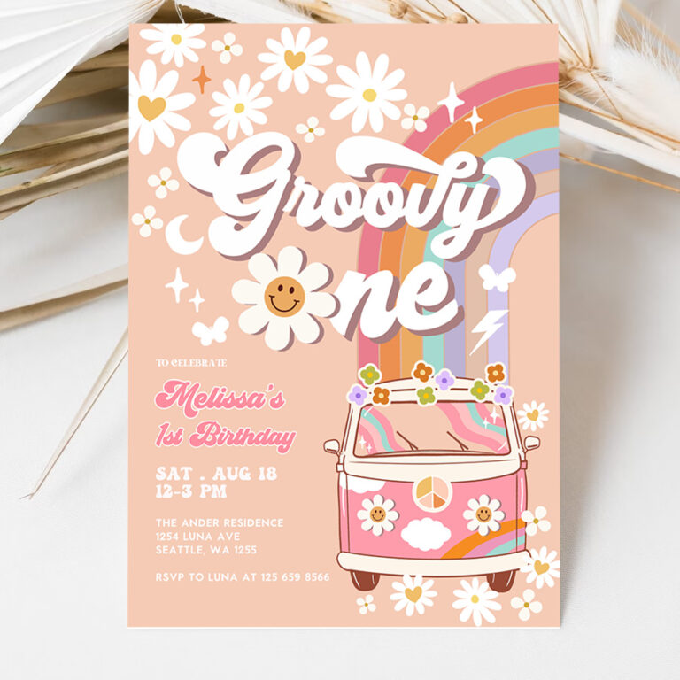 3 Editable Pink Daisy Rainbow Groovy Van Groovy ONE 1st Birthday Invite Retro Hippie Party Invitation Template