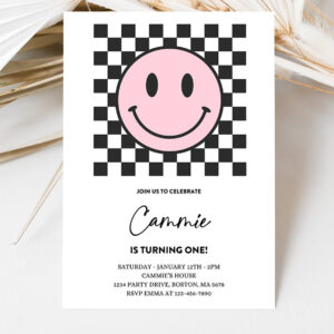 3 Editable Pink Smiley Face 1st Birthday Invitation One Happy Girl 1st Birthday Happy Face Birthday Hipster 1st Birthday