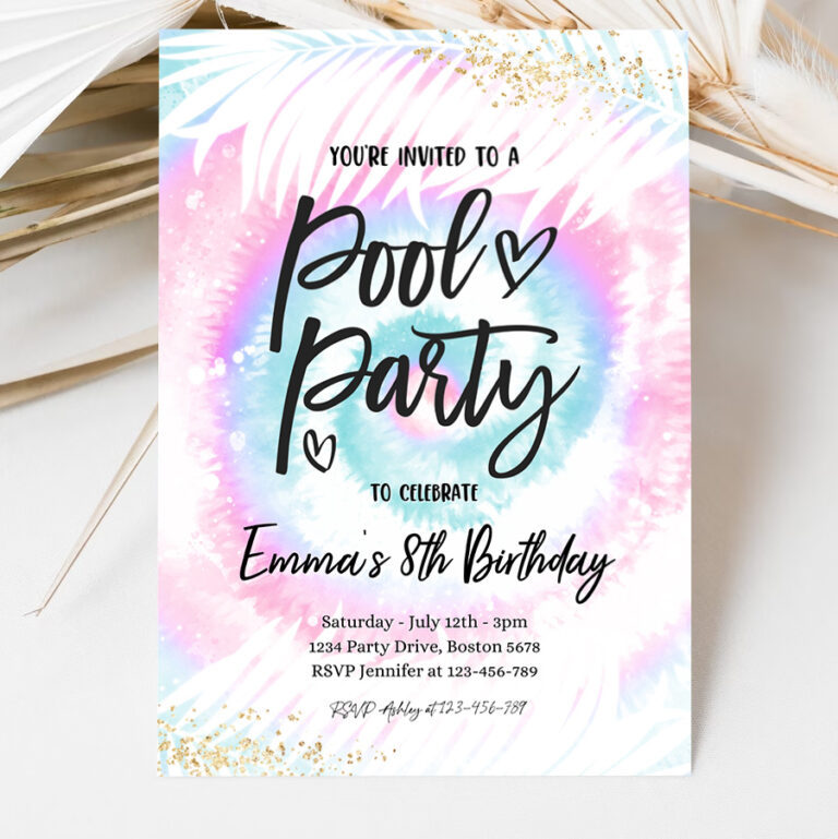 3 Editable Pool Party Invitation Girly Pink Blue Tie Dye Pool Party Invitation Pool Birthday Summer Swimming Pool Party