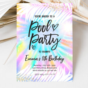 3 Editable Pool Party Invitation Girly Tie Dye Pool Party Invitation Pool Birthday Party Summer Swimming Pool Party