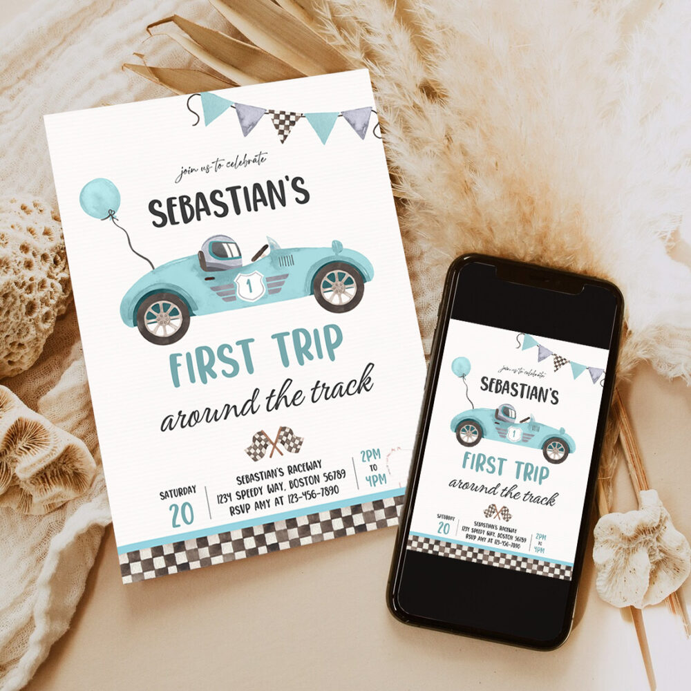 3 Editable Race Car 1st Birthday Invitation First Trip Around The Track Boy Vintage Red Race Car 1st Birthday Party Instant Download E5 1