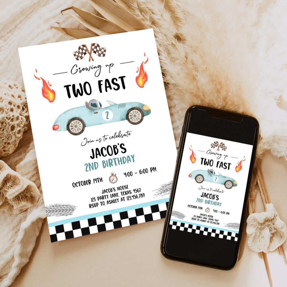 3 Editable Racing Car Birthday Invitation Growing Up Two Fast Invite Second Birthday 2nd Boy Download Printable Template Digital Corjl 0424 1
