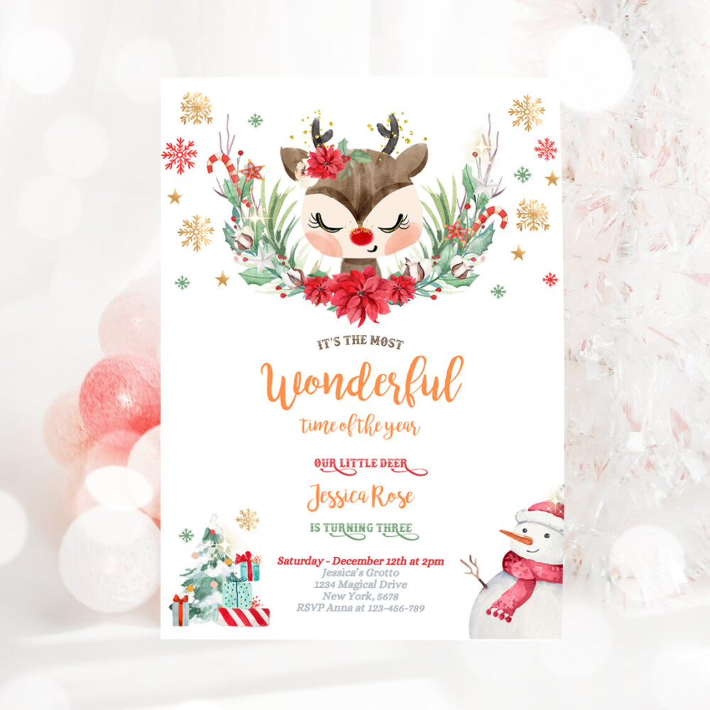 3 Editable Reindeer Birthday Invitation Girl Christmas Reindeer Birthday Invitation North Pole Christmas Party