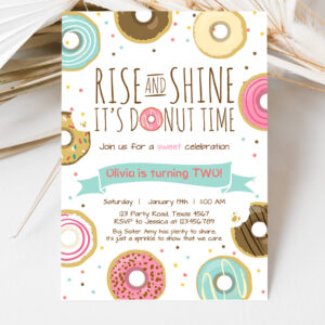 3 Editable Rise and Shine Donut Time Birthday Party Invitation ANY AGE Sweet Girl Birthday Party Pink Doughnut Digital Corjl Template Printable 0050 1