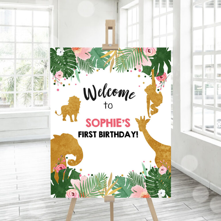3 Editable Safari Animals Welcome Sign Wild One Party Animals Sign Zoo Jungle Table Sign Pink Gold Girl Corjl Template Download PRINTABLE 0016 1