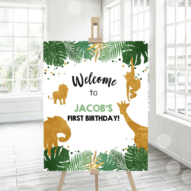 3 Editable Safari Animals Welcome Sign Wild One Poster Zoo Jungle Boy First Birthday 1st Black Gold Download Corjl Template Printable 0016 1