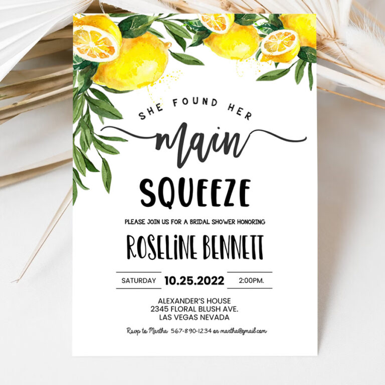 3 Editable She Found Her Main Squeeze Bridal Shower Invitation Lemon Citrus Watercolor Invite Summer Printable Template