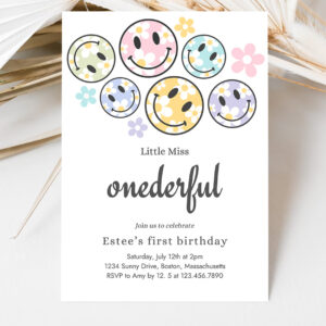 3 Editable Smiley Daisy Face Birthday Invitation Pastel Daisy Little Miss Onederful 1st Birthday Happy Face Party