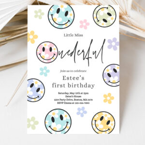 3 Editable Smiley Daisy Face Birthday Party Invitation Pastel Daisy Little Miss Onederful 1st Birthday Happy Face Party