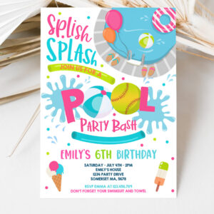3 Editable Softball Pool Party Birthday Invitation Girl Summer Softball Team Pool Party Pool BBQ Birthday Pool Party