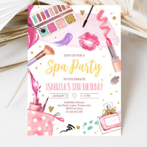 3 Editable Spa Makeup Birthday Invitation Glam Party Girl Birthday Tween Spa Party Invite Pink Gold Download Printable Template Corjl 0420 1