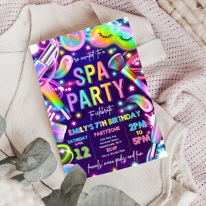 3 Editable Spa Makeup Birthday Invitation Neon Glow Spa Party Invitation Glitz and Glam Makeup Neon Glow Birthday Party