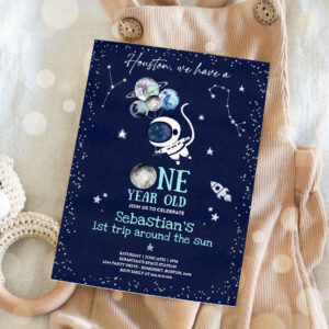 3 Editable Space 1st Birthday Party Invitation Houston We Have A One Year Old Rocket Ship Planets Galaxy Outer Space Party