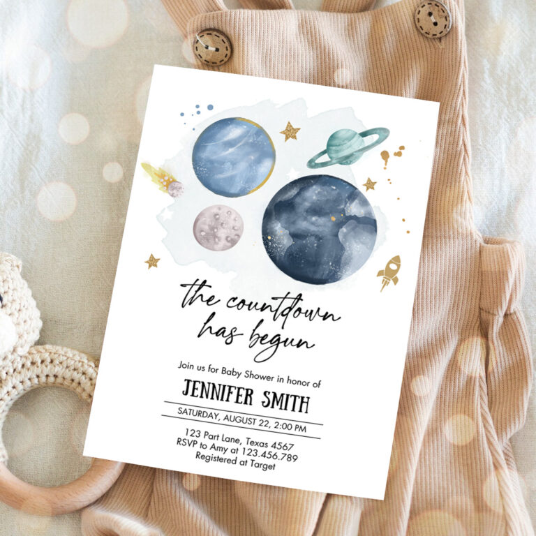 3 Editable Space Baby Shower Invitation Galaxy Outer Space Its a Boy Blue Planets Moon Countdown Invite
