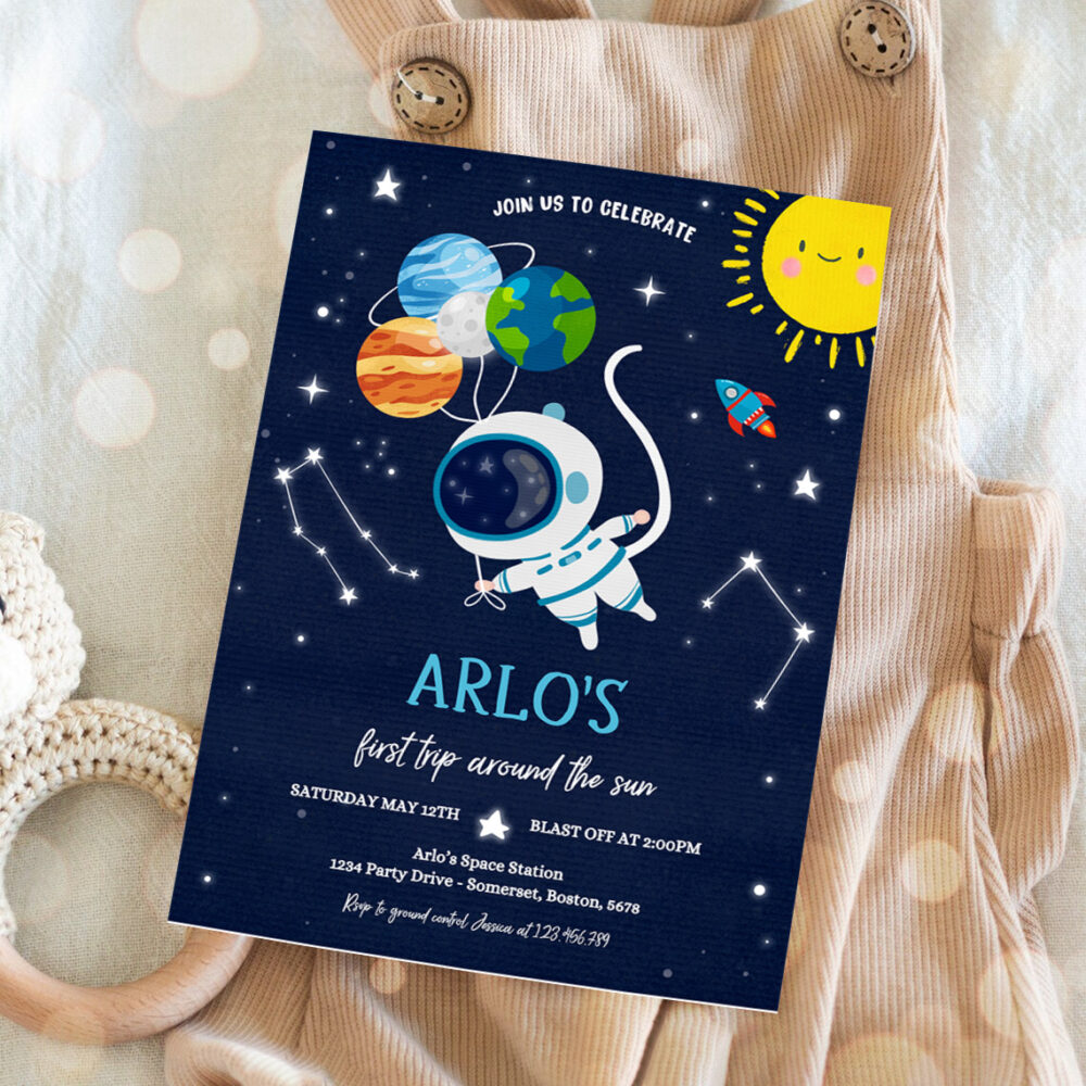 3 Editable Space Birthday Invitation First Trip Around The Sun Boy Rocket Ship Space Planets Galaxy Outer Space Party