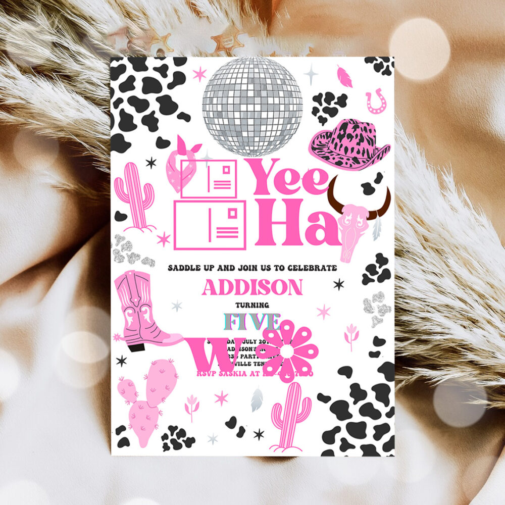 3 Editable Space Cowgirl Birthday Invitation Pink Disco Cowgirl Party Nashville Rodeo Birthday Party Any Age Party