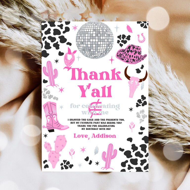 3 Editable Space Cowgirl Birthday Party Thank You Card Pink Disco Cowgirl Party Nashville Rodeo Birthday Party Any Age Instant Download UL 1