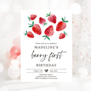3 Editable Strawberry Birthday Invitation First Birthday Berry Sweet Girl Cute Strawberries 1st Party Invitation