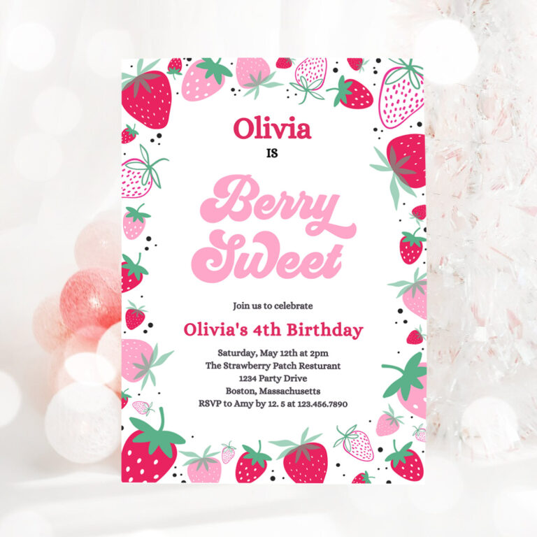 3 Editable Strawberry Birthday Party Invitation Pink Berry Sweet Birthday Invitation Summer Berries Any Age Berry Sweet Party