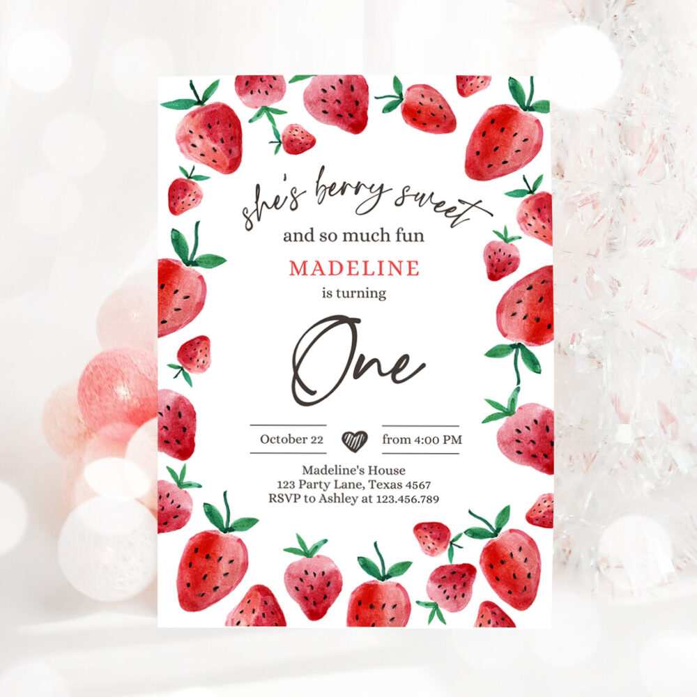 3 Editable Strawberry Birthday Party Invite First Birthday Berry Sweet Girl Cute Strawberries 1st Download Printable Template Corjl Digital 0399 1