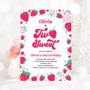 3 Editable Strawberry Two Sweet Birthday Invitation Two Sweet Strawberry 2nd Birthday Summer Berries Party