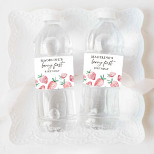 3 Editable Strawberry Water Bottle Label Strawberry Birthday Decor Berry Sweet 1st Birthday First Printable Bottle Label Template Corjl 0399 1