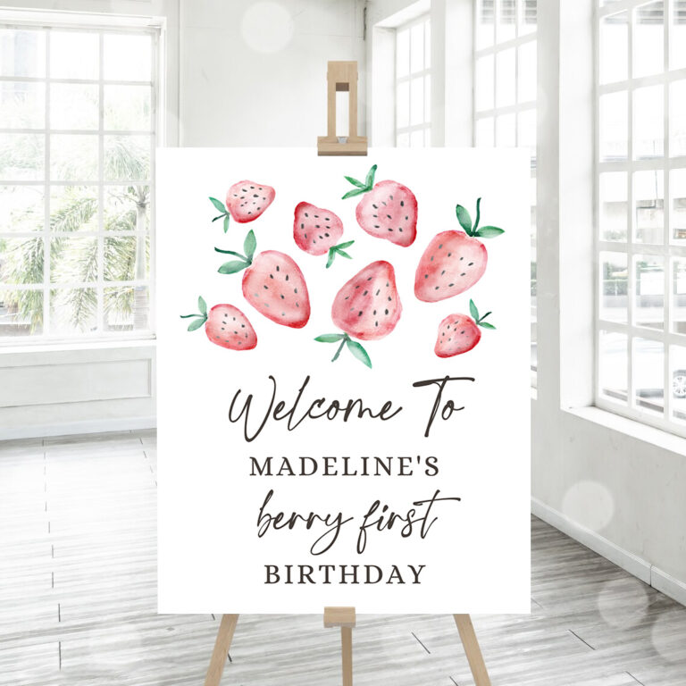 3 Editable Strawberry Welcome Sign Strawberry Birthday Party Welcome Farmers Market Girl Berry First Watercolor Template PRINTABLE Corjl 0399 1