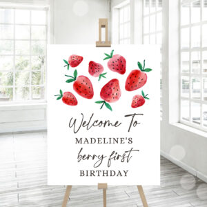 3 Editable Strawberry Welcome Sign Strawberry Birthday Welcome Farmers Market Girl Berry First Watercolor Template PRINTABLE Corjl 0399 1