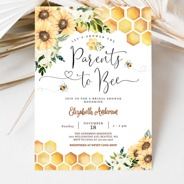 3 Editable Sunflower Bee Parents to Bee Baby Shower Invitation Gender Neutral Baby Shower Invite Printable Template