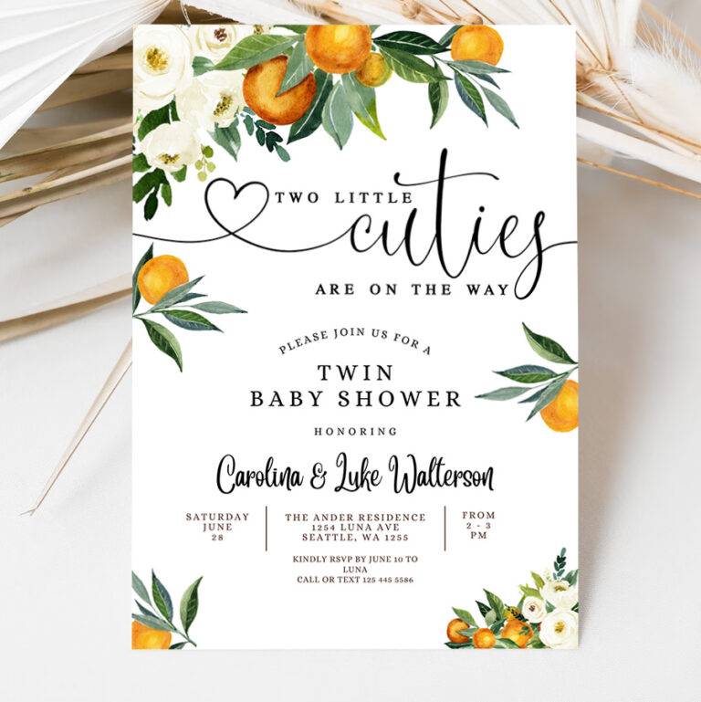 3 Editable TWINS Two Little Cuties are on the Way Greenery Orange Gender Neutral Baby Shower Invitation Template 1