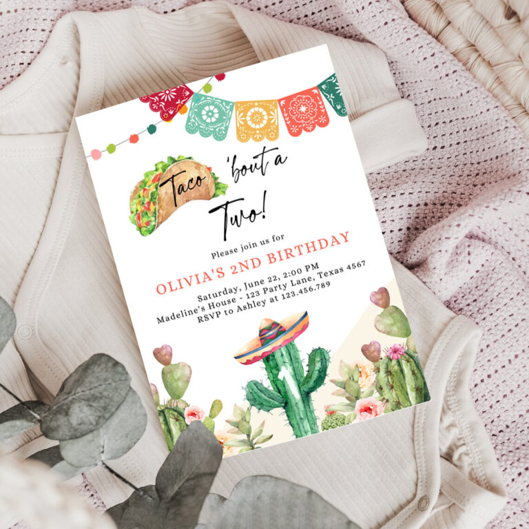 3 Editable Taco Bout Two Birthday Invitation ANY AGE Girl Boy Cactus Fiesta Mexican Second Birthday Download Printable Corjl Template 0404 1