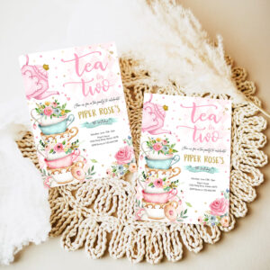 3 Editable Tea For Two Birthday Invitation Tea For Two 2nd Birthday Party Pink Gold Floral Whimsical Tea Party