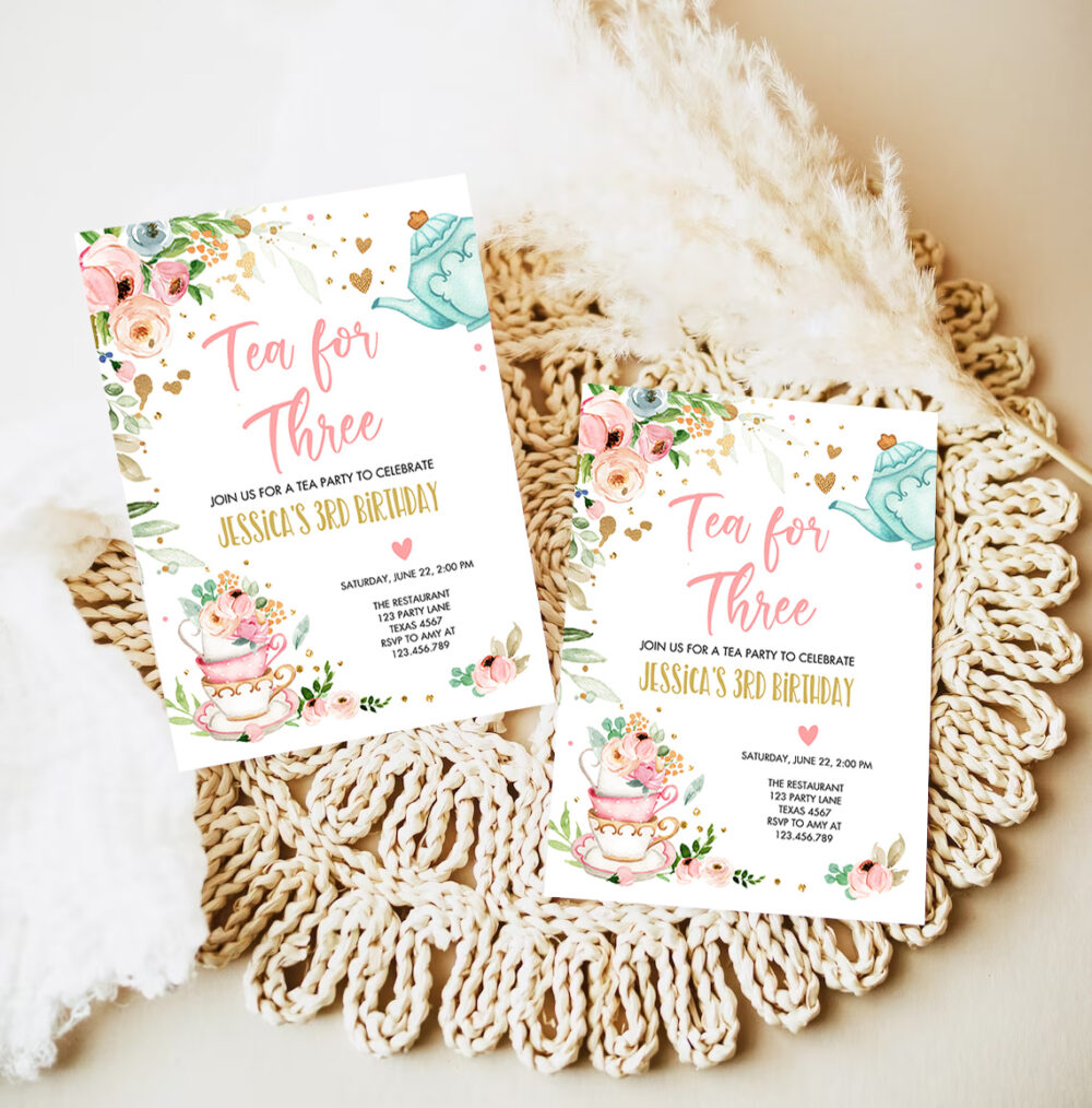 3 Editable Tea for Three Birthday Invitation Girl Tea Party Invite Pink Gold Floral 3rd Birthday Par tea Download Printable Corjl 0349 1