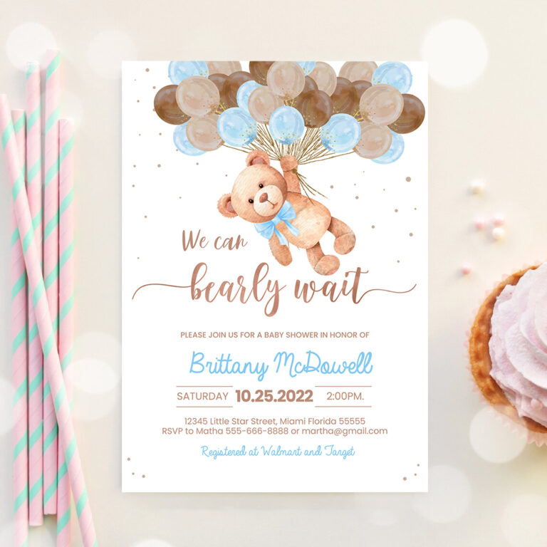3 Editable Teddy Bear Baby Shower Invitation Bear Themed Baby Shower Party Invite Printable Bear with Balloons Invitations