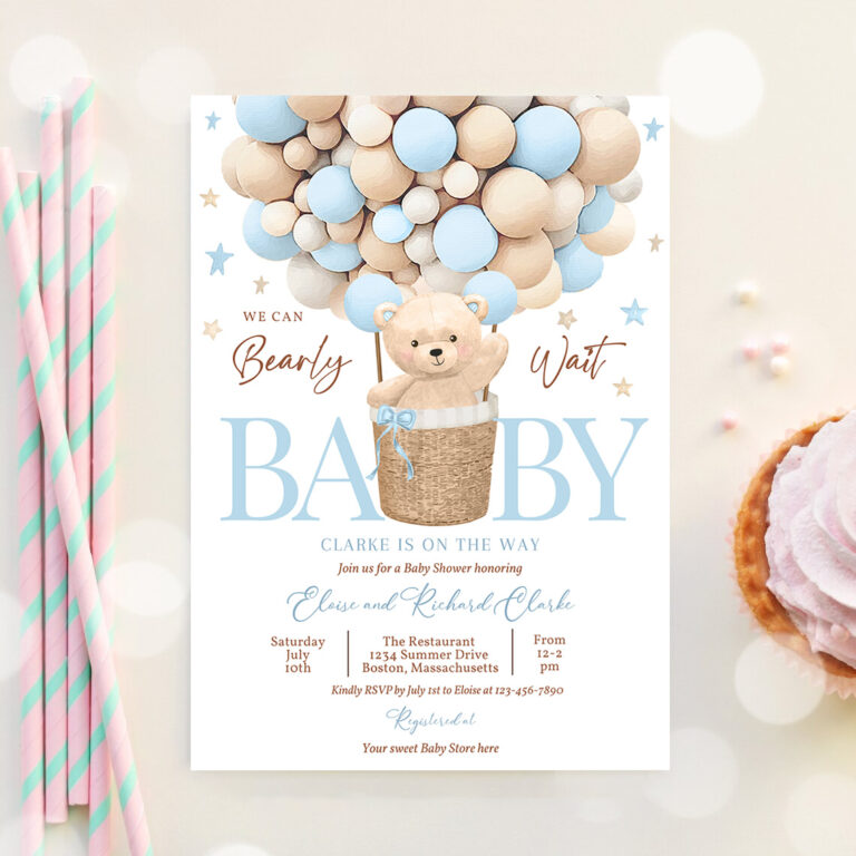 3 Editable Teddy Bear Hot Air Balloon Baby Shower Invitation Boy Blue Teddy Bear Baby Shower We Can Bearly Wait Shower Instant Download 4H 1