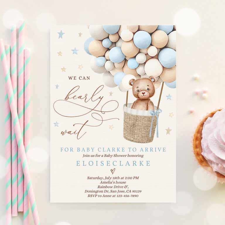 3 Editable Teddy Bear Hot Air Balloon Baby Shower Invitations Boy Blue Teddy Bear Baby Shower We Can Bearly Wait Shower Instant Download JE 1
