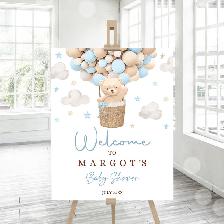 3 Editable Teddy Bear Hot Air Balloon Baby Shower Welcome Sign Boy Blue Teddy Bear Baby Shower We Can Bearly Wait Shower Instant Download 4H 1