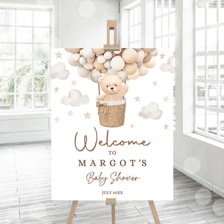 3 Editable Teddy Bear Hot Air Balloon Baby Shower Welcome Sign Gender Neutral Teddy Bear Baby Shower We Can Bearly Wait Instant Download 6H 1