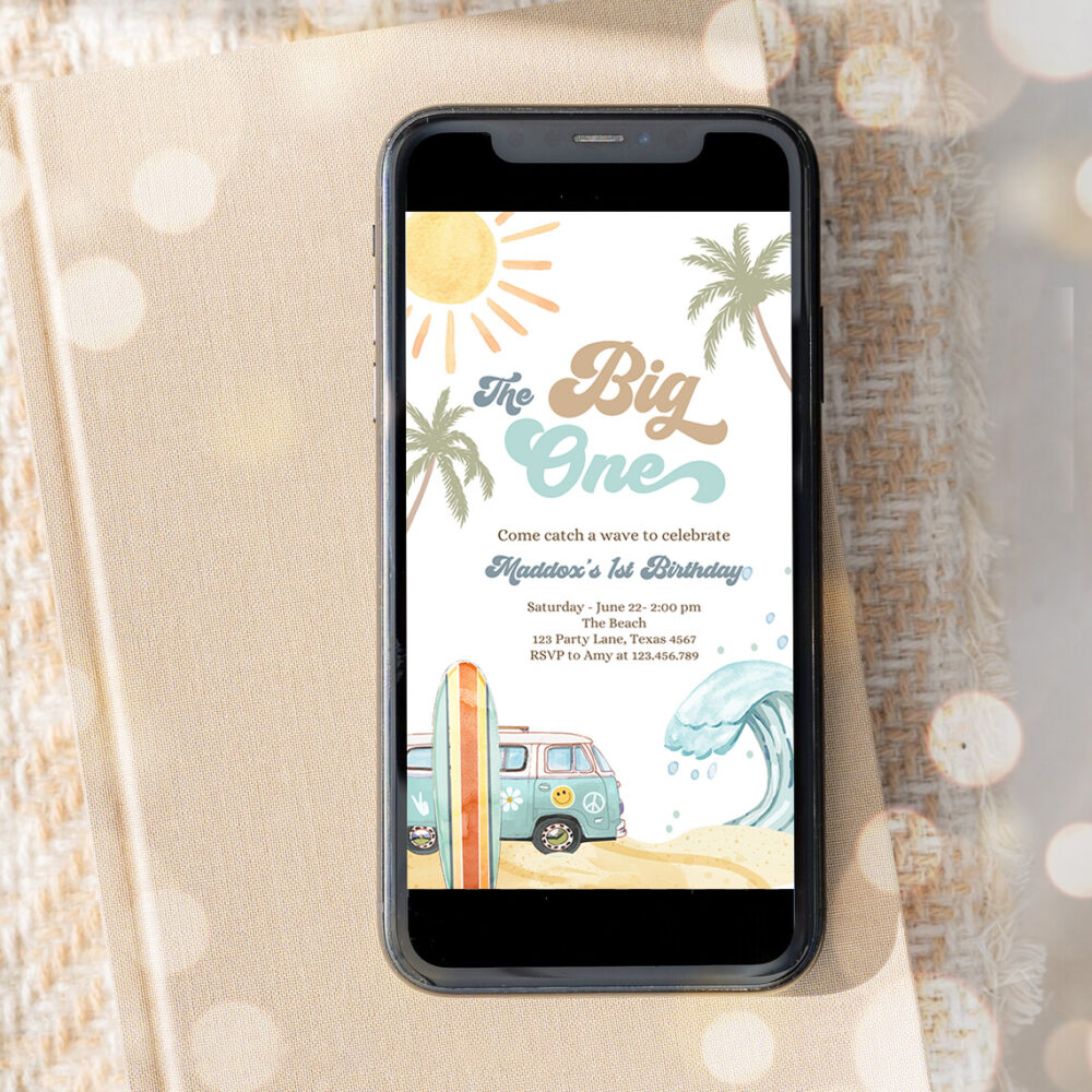3 Editable The Big One Surf 1st Birthday Party Evite Retro Surfboard Beach Party Wave Surfer Boho Invite Phone Download Template Corjl Digital 0433 1
