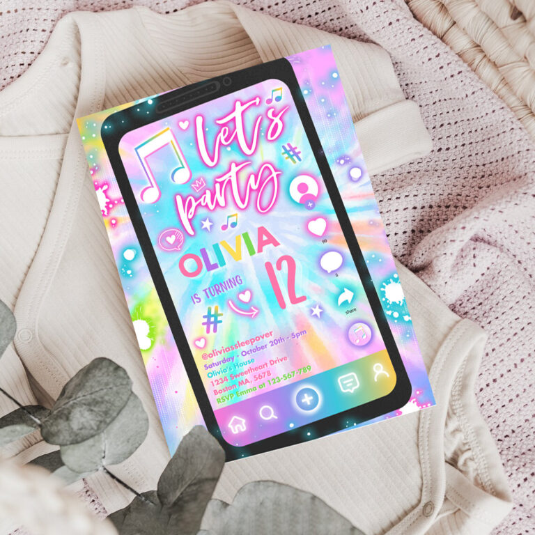 3 Editable Tie Dye Music Birthday Invitation Music App Teen Tween Birthday Party Musical App Social Media Birthday Party