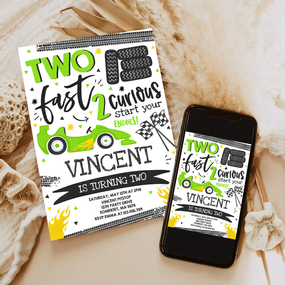 3 Editable Two Fast Birthday Invitation Green Two Fast Race Car 2nd Birthday Party Two Fast 2 Curious Green Race Car Party 1