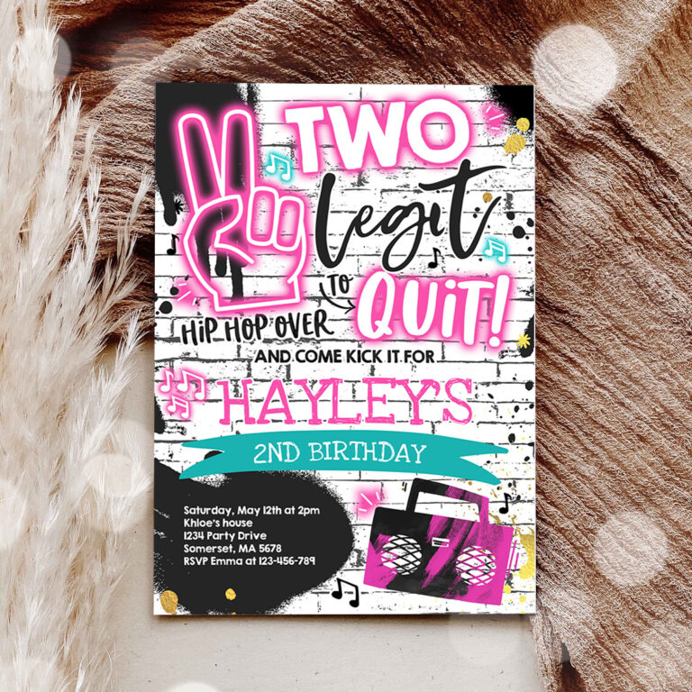 3 Editable Two Legit To Quit Birthday Party Invitation White Pink Two Legit To Quit 2nd Birthday Girl Pink Hip Hop 2nd Birthday Party 1