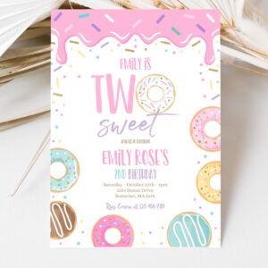 3 Editable Two Sweet Donut Birthday Party Invitation Pink Pastel Donut Two Sweet 2nd Birthday Donut 2nd Birthday Party 1