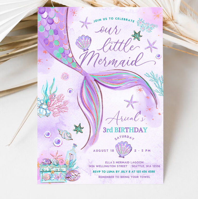 3 Editable Under the Sea Purple Teal Little Mermaid Birthday Invitation Birthday Invite Invites Printable Template 1