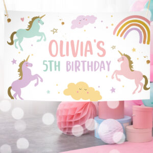 3 Editable Unicorn Backdrop Banner Pastel Unicorn Birthday Girl Magical Party Decor Rainbow Welcome Download Corjl Template Printable 0426 1